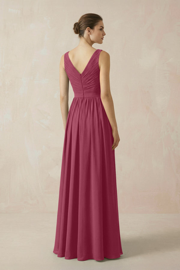 A-Line V-Neck Pleated Chiffon Bridesmaid Dress in Desert Rose - KissProm BRIDESMAID DRESSES