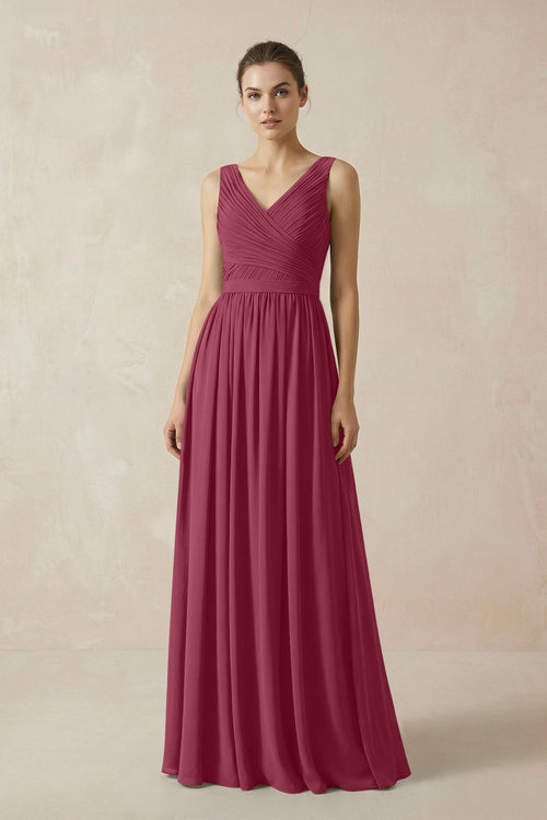 A-Line V-Neck Pleated Chiffon Bridesmaid Dress in Desert Rose - KissProm BRIDESMAID DRESSES
