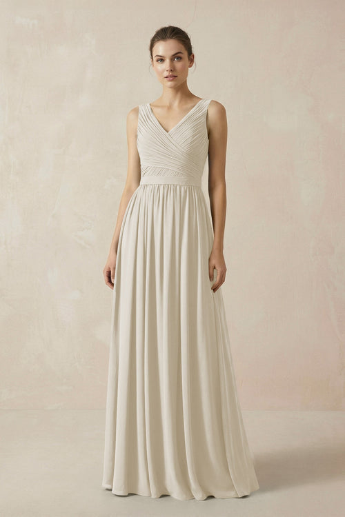 A-Line V-Neck Pleated Chiffon Bridesmaid Dress in Dove Gray - KissProm BRIDESMAID DRESSES