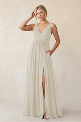 A - Line V - Neck Pleated Chiffon Bridesmaid Dress in Dove Gray - KissProm Bridesmaid Dresses