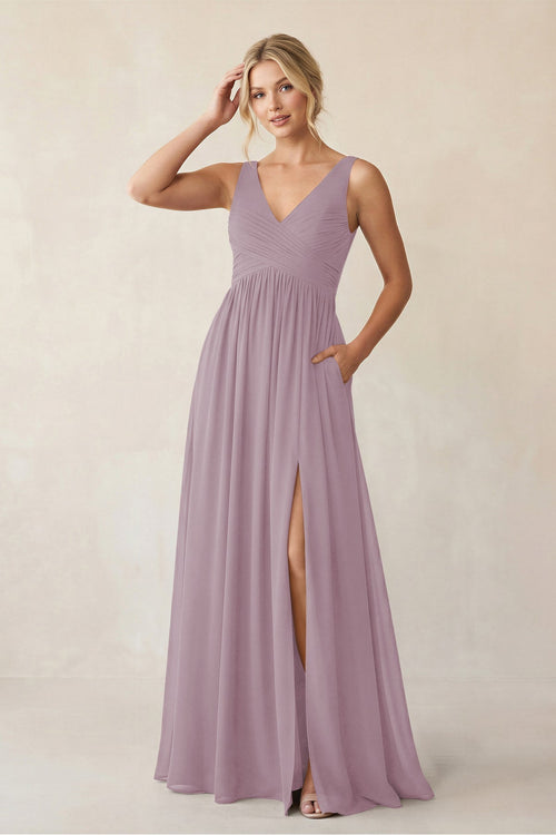 A - Line V - Neck Pleated Chiffon Bridesmaid Dress in Dusk - KissProm Bridesmaid Dresses