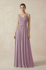 A-Line V-Neck Pleated Chiffon Bridesmaid Dress in Dusk - KissProm BRIDESMAID DRESSES
