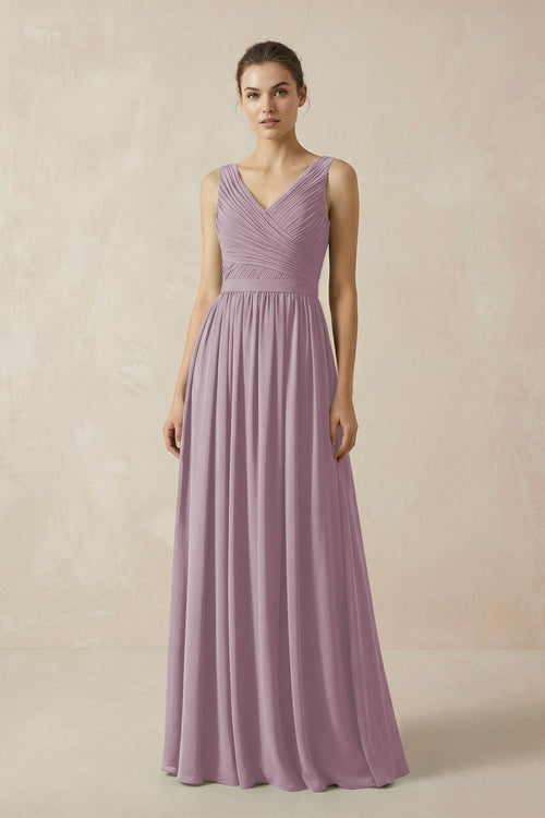 A-Line V-Neck Pleated Chiffon Bridesmaid Dress in Dusk - KissProm BRIDESMAID DRESSES