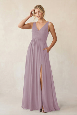 A - Line V - Neck Pleated Chiffon Bridesmaid Dress in Dusk - KissProm Bridesmaid Dresses