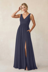 A - Line V - Neck Pleated Chiffon Bridesmaid Dress in Dusk Blue - KissProm Bridesmaid Dresses