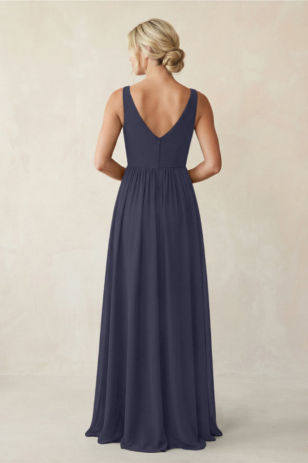 A - Line V - Neck Pleated Chiffon Bridesmaid Dress in Dusk Blue - KissProm Bridesmaid Dresses