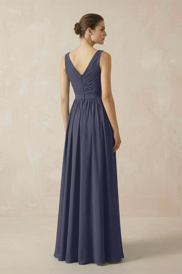 A-Line V-Neck Pleated Chiffon Bridesmaid Dress in Dusk Blue - KissProm BRIDESMAID DRESSES