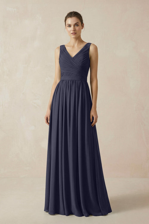 A-Line V-Neck Pleated Chiffon Bridesmaid Dress in Dusk Blue - KissProm BRIDESMAID DRESSES