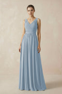 A-Line V-Neck Pleated Chiffon Bridesmaid Dress in Dusty Blue - KissProm BRIDESMAID DRESSES
