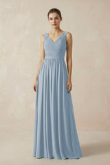 A-Line V-Neck Pleated Chiffon Bridesmaid Dress in Dusty Blue - KissProm BRIDESMAID DRESSES