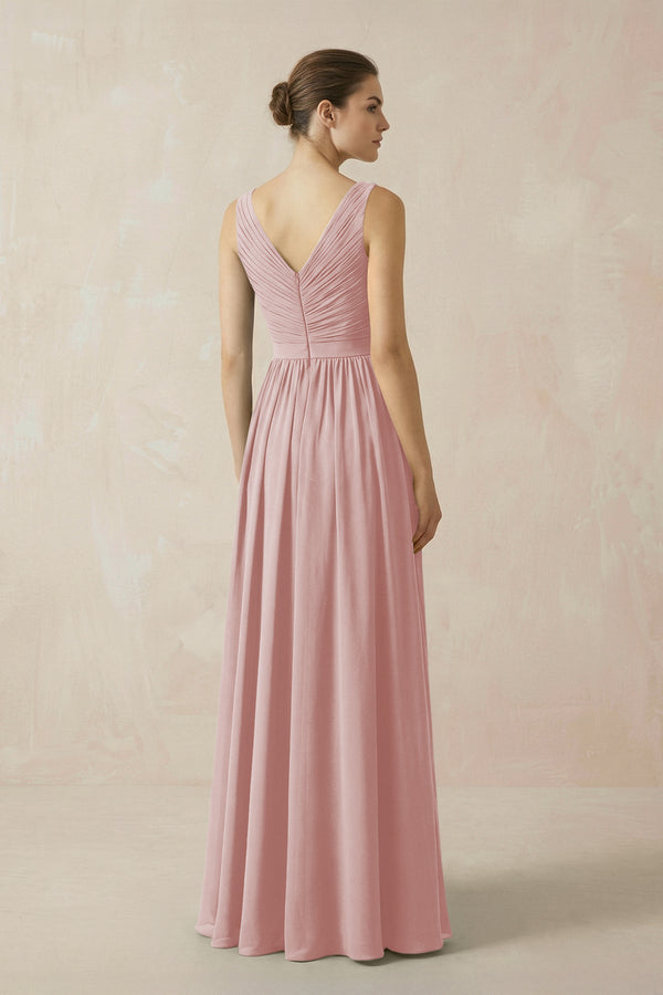 A-Line V-Neck Pleated Chiffon Bridesmaid Dress in Dusty Rose - KissProm BRIDESMAID DRESSES