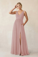 A - Line V - Neck Pleated Chiffon Bridesmaid Dress in Dusty Rose - KissProm Bridesmaid Dresses