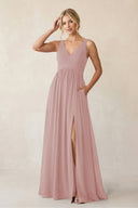 A - Line V - Neck Pleated Chiffon Bridesmaid Dress in Dusty Rose - KissProm Bridesmaid Dresses