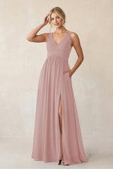 A - Line V - Neck Pleated Chiffon Bridesmaid Dress in Dusty Rose - KissProm Bridesmaid Dresses