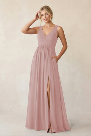 A - Line V - Neck Pleated Chiffon Bridesmaid Dress in Dusty Rose - KissProm Bridesmaid Dresses