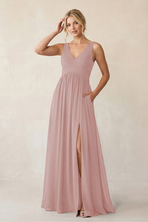 A - Line V - Neck Pleated Chiffon Bridesmaid Dress in Dusty Rose - KissProm Bridesmaid Dresses