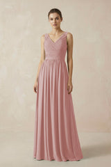 A-Line V-Neck Pleated Chiffon Bridesmaid Dress in Dusty Rose - KissProm BRIDESMAID DRESSES
