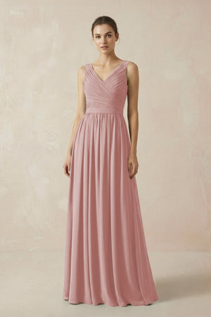 A-Line V-Neck Pleated Chiffon Bridesmaid Dress in Dusty Rose - KissProm BRIDESMAID DRESSES