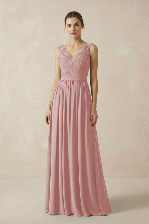 A-Line V-Neck Pleated Chiffon Bridesmaid Dress in Dusty Rose - KissProm BRIDESMAID DRESSES
