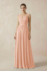 A-Line V-Neck Pleated Chiffon Bridesmaid Dress in English Rose - KissProm BRIDESMAID DRESSES