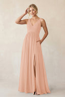 A - Line V - Neck Pleated Chiffon Bridesmaid Dress in English Rose - KissProm Bridesmaid Dresses