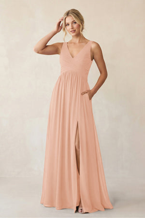 A - Line V - Neck Pleated Chiffon Bridesmaid Dress in English Rose - KissProm Bridesmaid Dresses