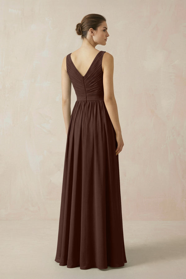 A-Line V-Neck Pleated Chiffon Bridesmaid Dress in Espresso - KissProm BRIDESMAID DRESSES