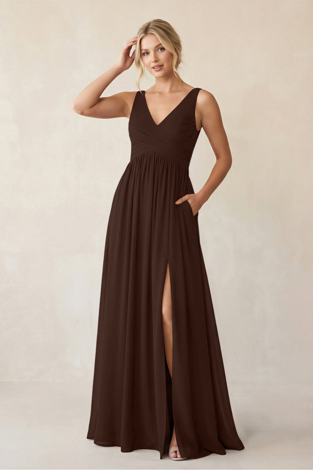 A - Line V - Neck Pleated Chiffon Bridesmaid Dress in Espresso - KissProm Bridesmaid Dresses
