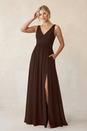 A - Line V - Neck Pleated Chiffon Bridesmaid Dress in Espresso - KissProm Bridesmaid Dresses