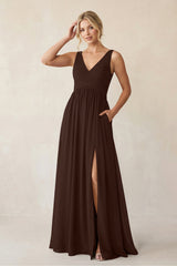 A - Line V - Neck Pleated Chiffon Bridesmaid Dress in Espresso - KissProm Bridesmaid Dresses
