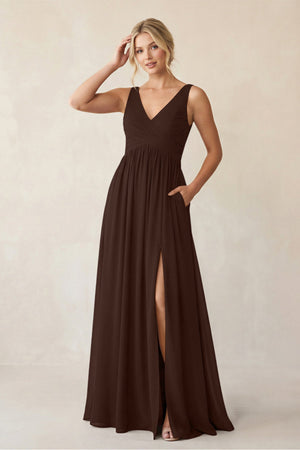 A - Line V - Neck Pleated Chiffon Bridesmaid Dress in Espresso - KissProm Bridesmaid Dresses
