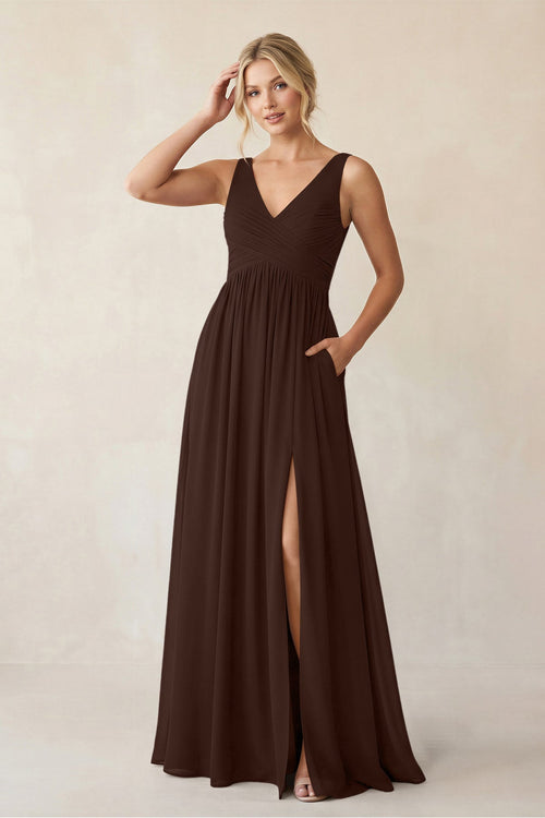 A - Line V - Neck Pleated Chiffon Bridesmaid Dress in Espresso - KissProm Bridesmaid Dresses