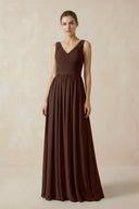 A-Line V-Neck Pleated Chiffon Bridesmaid Dress in Espresso - KissProm BRIDESMAID DRESSES