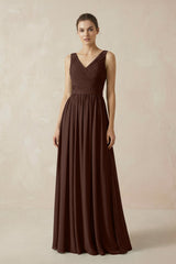 A-Line V-Neck Pleated Chiffon Bridesmaid Dress in Espresso - KissProm BRIDESMAID DRESSES