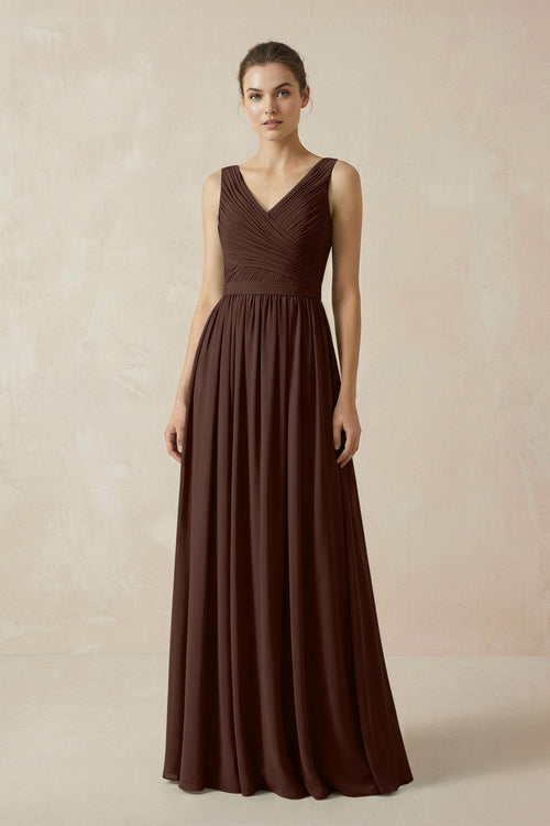 A-Line V-Neck Pleated Chiffon Bridesmaid Dress in Espresso - KissProm BRIDESMAID DRESSES