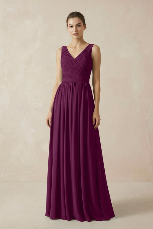A-Line V-Neck Pleated Chiffon Bridesmaid Dress in Fig - KissProm BRIDESMAID DRESSES
