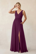 A - Line V - Neck Pleated Chiffon Bridesmaid Dress in Fig - KissProm Bridesmaid Dresses