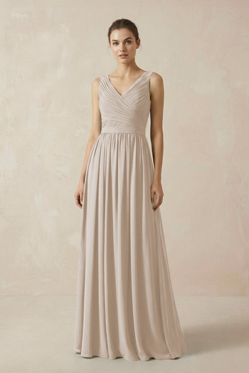 A-Line V-Neck Pleated Chiffon Bridesmaid Dress in Frost - KissProm BRIDESMAID DRESSES