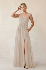 A - Line V - Neck Pleated Chiffon Bridesmaid Dress in Frost - KissProm Bridesmaid Dresses