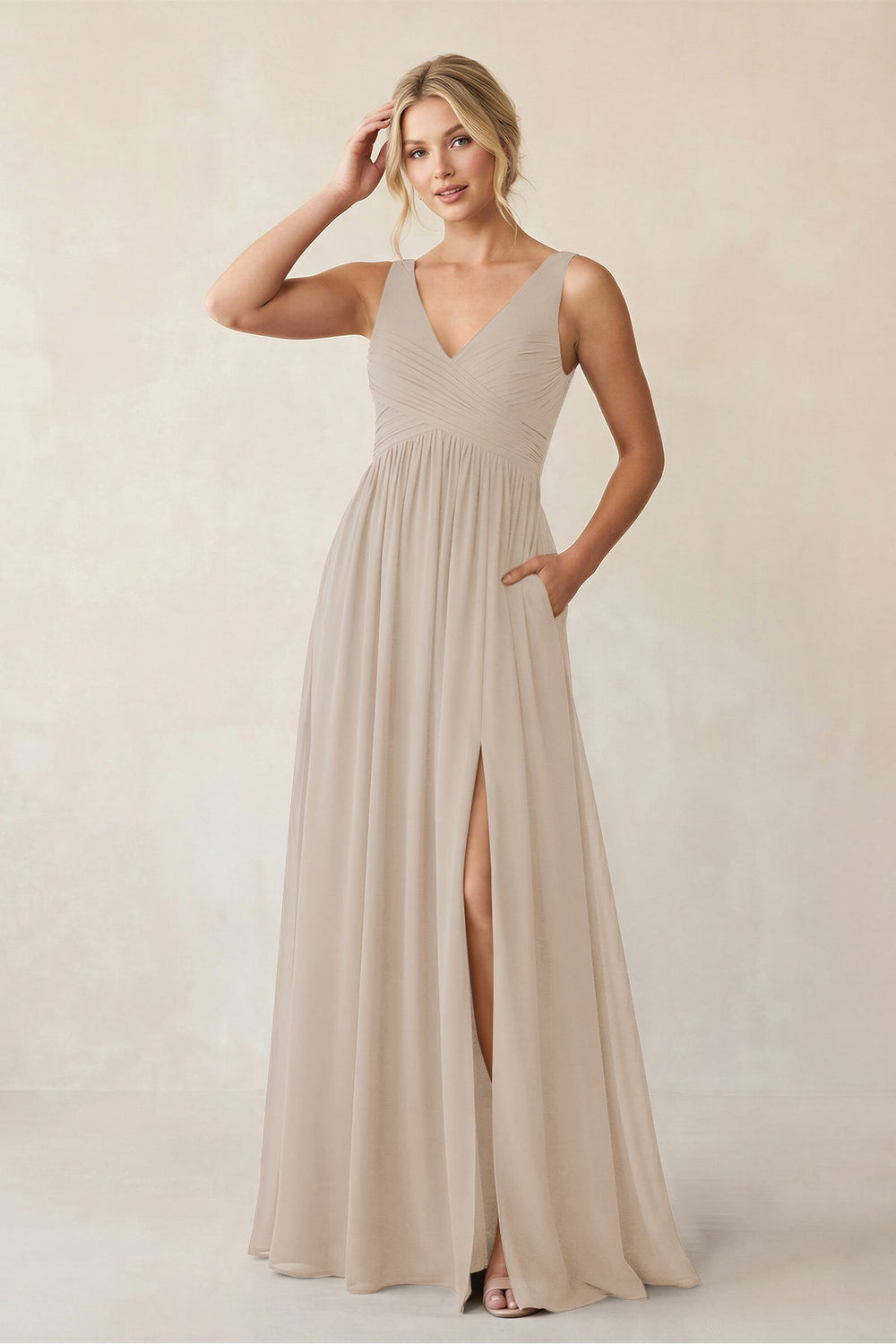 A - Line V - Neck Pleated Chiffon Bridesmaid Dress in Frost - KissProm Bridesmaid Dresses