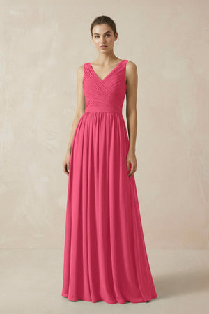 A-Line V-Neck Pleated Chiffon Bridesmaid Dress in Fuchsia - KissProm BRIDESMAID DRESSES