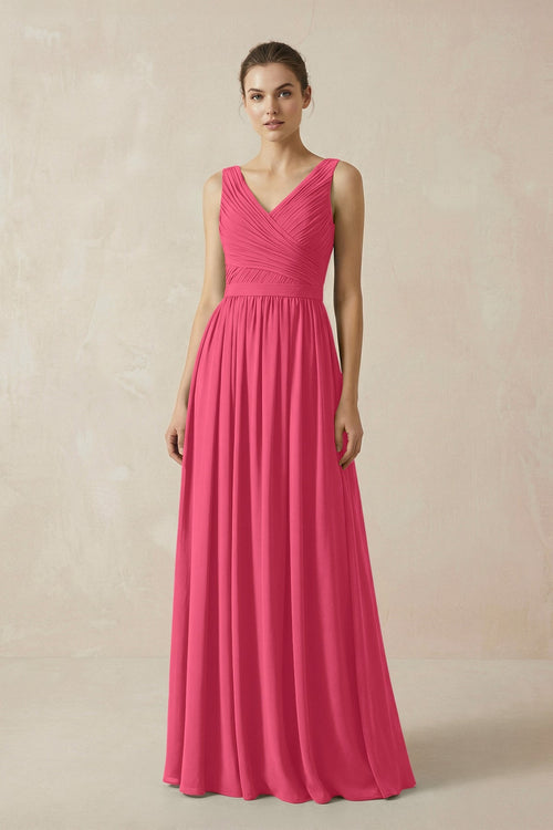 A-Line V-Neck Pleated Chiffon Bridesmaid Dress in Fuchsia - KissProm BRIDESMAID DRESSES