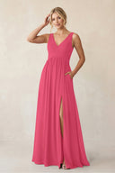 A - Line V - Neck Pleated Chiffon Bridesmaid Dress in Fuchsia - KissProm Bridesmaid Dresses
