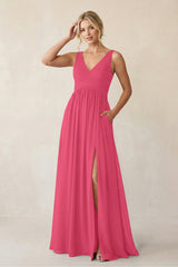 A - Line V - Neck Pleated Chiffon Bridesmaid Dress in Fuchsia - KissProm Bridesmaid Dresses