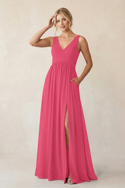 A - Line V - Neck Pleated Chiffon Bridesmaid Dress in Fuchsia - KissProm Bridesmaid Dresses