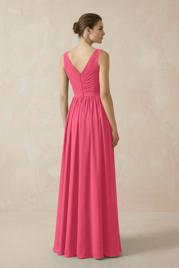 A-Line V-Neck Pleated Chiffon Bridesmaid Dress in Fuchsia - KissProm BRIDESMAID DRESSES