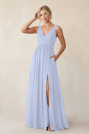A - Line V - Neck Pleated Chiffon Bridesmaid Dress in Ice - KissProm Bridesmaid Dresses
