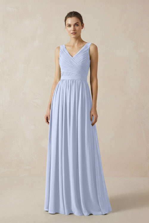 A-Line V-Neck Pleated Chiffon Bridesmaid Dress in Ice - KissProm BRIDESMAID DRESSES