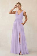 A - Line V - Neck Pleated Chiffon Bridesmaid Dress in Lavender - KissProm Bridesmaid Dresses