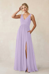 A - Line V - Neck Pleated Chiffon Bridesmaid Dress in Lavender - KissProm Bridesmaid Dresses